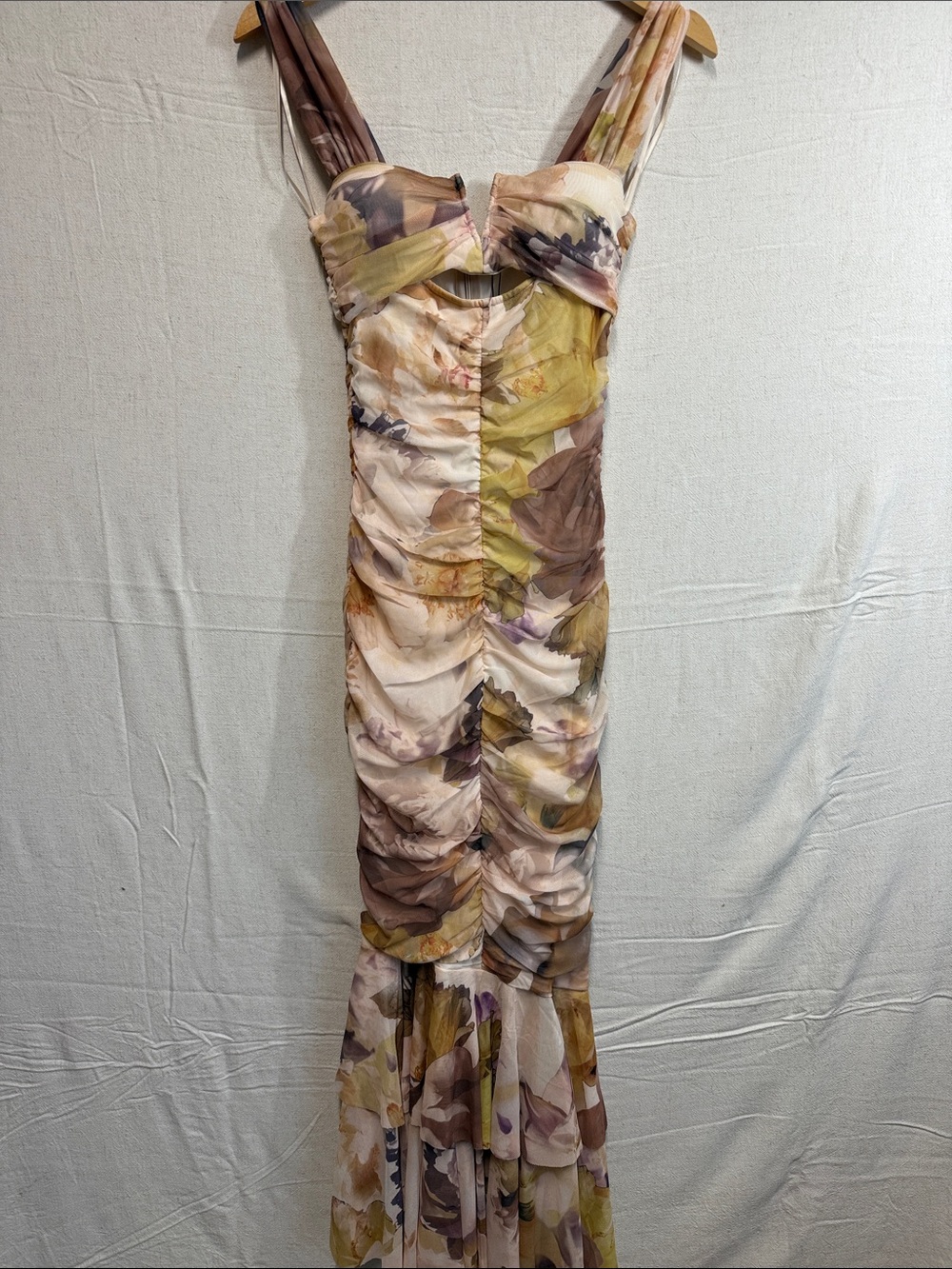 AKIRA Floral Ruched Maxi Dress in Cream, Brown and Olive